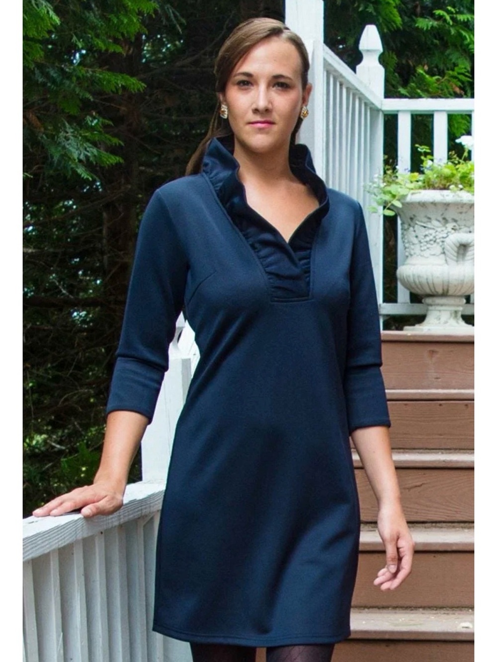 Gretchen Scott Ruff Neck Jersey Dress - Solid Navy